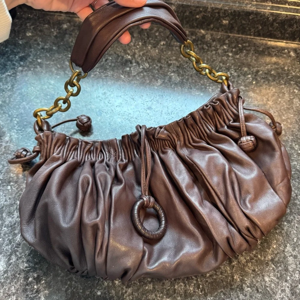 BCBGMAXAZRIA Super Soft Leather Brown Ruched Shoulder bag Boho Western Glam